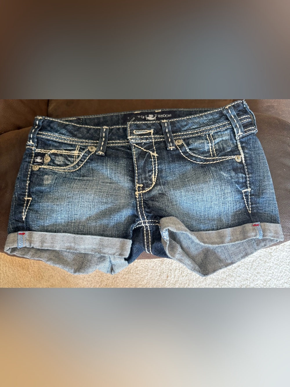 Dark Blue Rolled Hem Denim Shorts with Contrast Stitching
